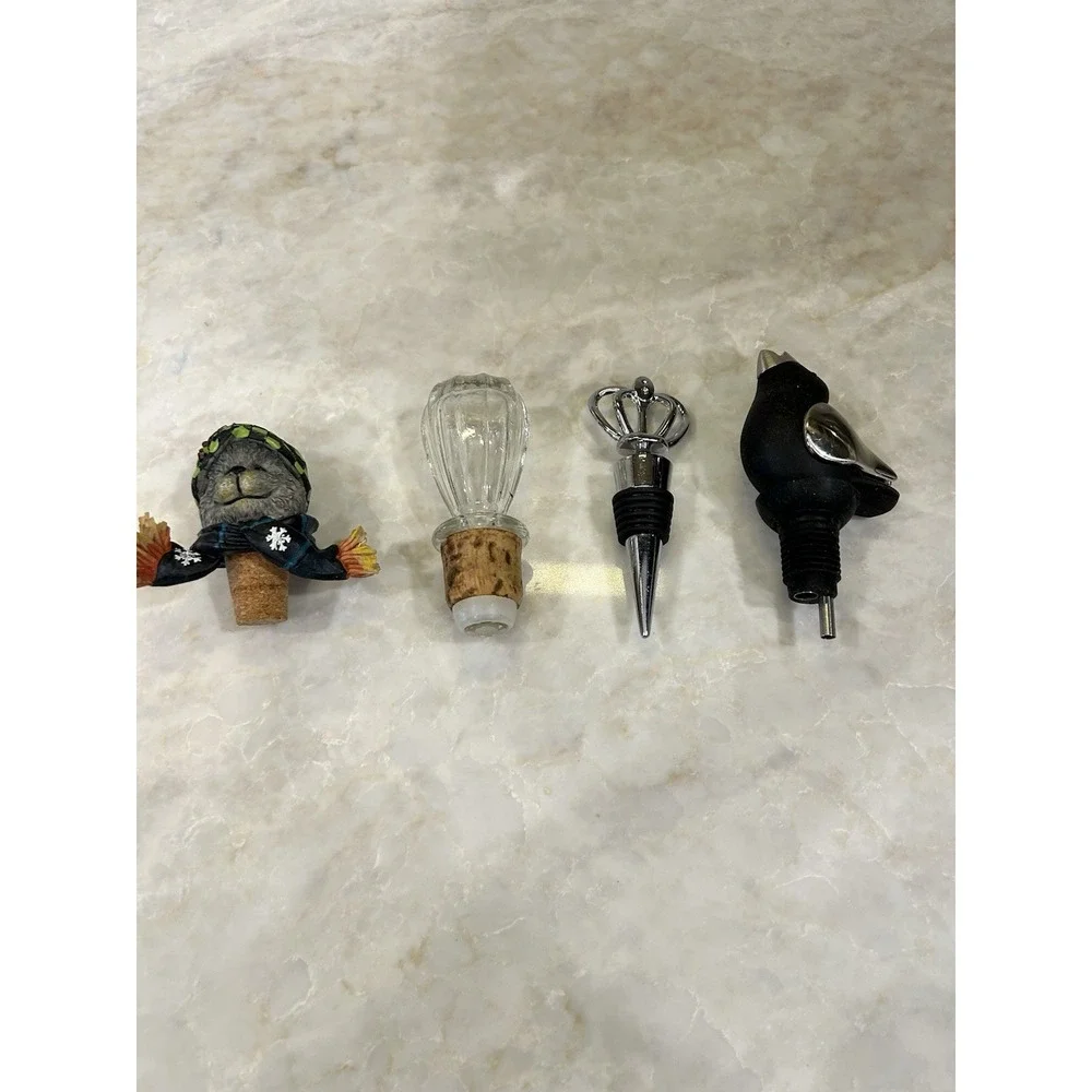 Lot of 4 Novelty Animal Bottle Stoppers, Cork Glass Metal, Reusable